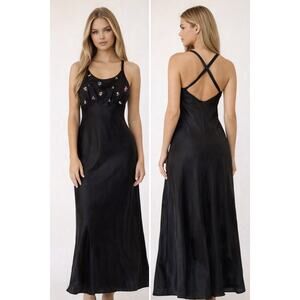 Rampage Vintage Black Satin Prom Maxi Dress Floral Embroidery Cross Back Gown 5